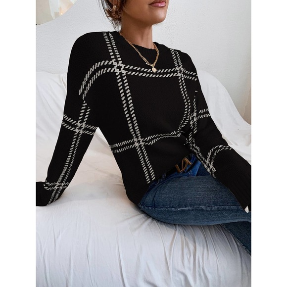Plaid Pattern Drop Shoulder Sweater grid minimalist black white - Picture 3 of 9
